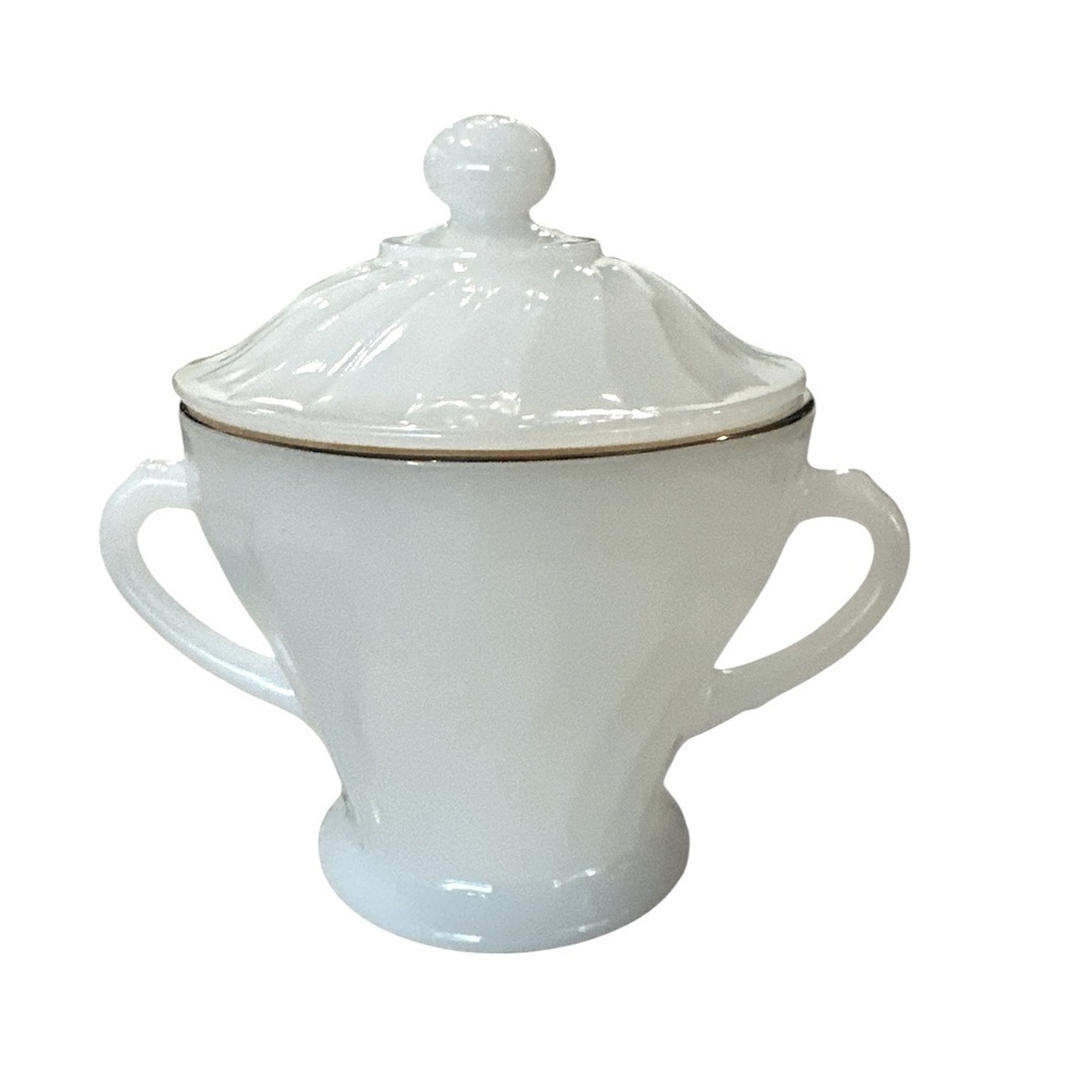 VINTAGE FIRE KING ANCHOR HOCKING SWIRL MILK GLASS 22K EDGE SUGAR BOWL WITH LID